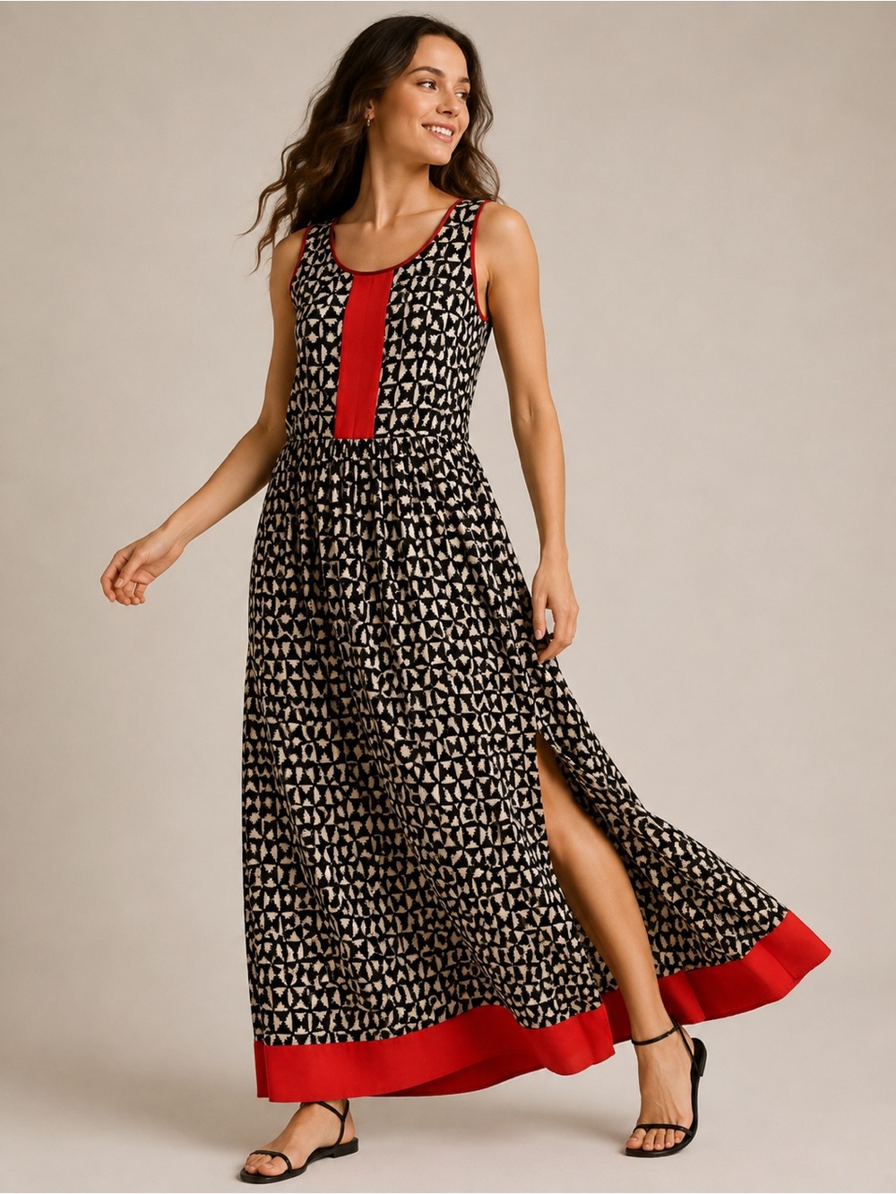 THML Black White Geometric Rayon Maxi Dress Red Contrast Boho Large